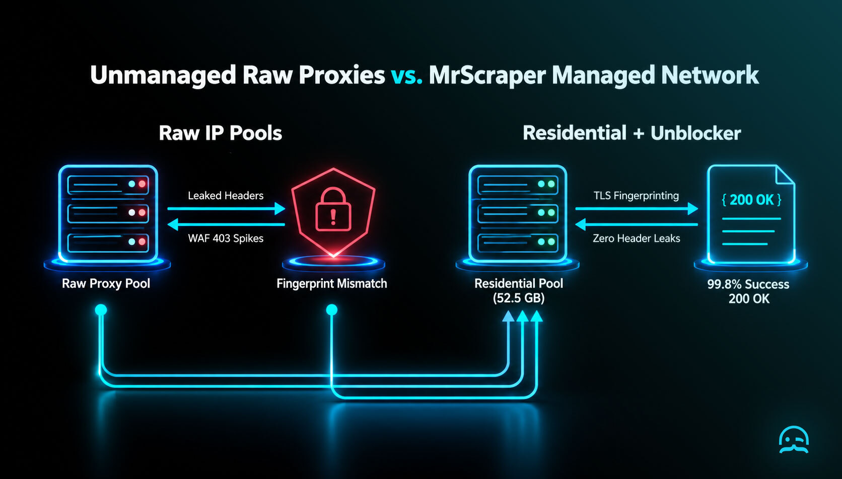 Comparison matrix diagram contrasting unmanaged raw proxy pools suffering from fingerprint mismatch blocks with MrScraper managed residential proxy network featuring automated header rotation and CAPTCHA bypass.