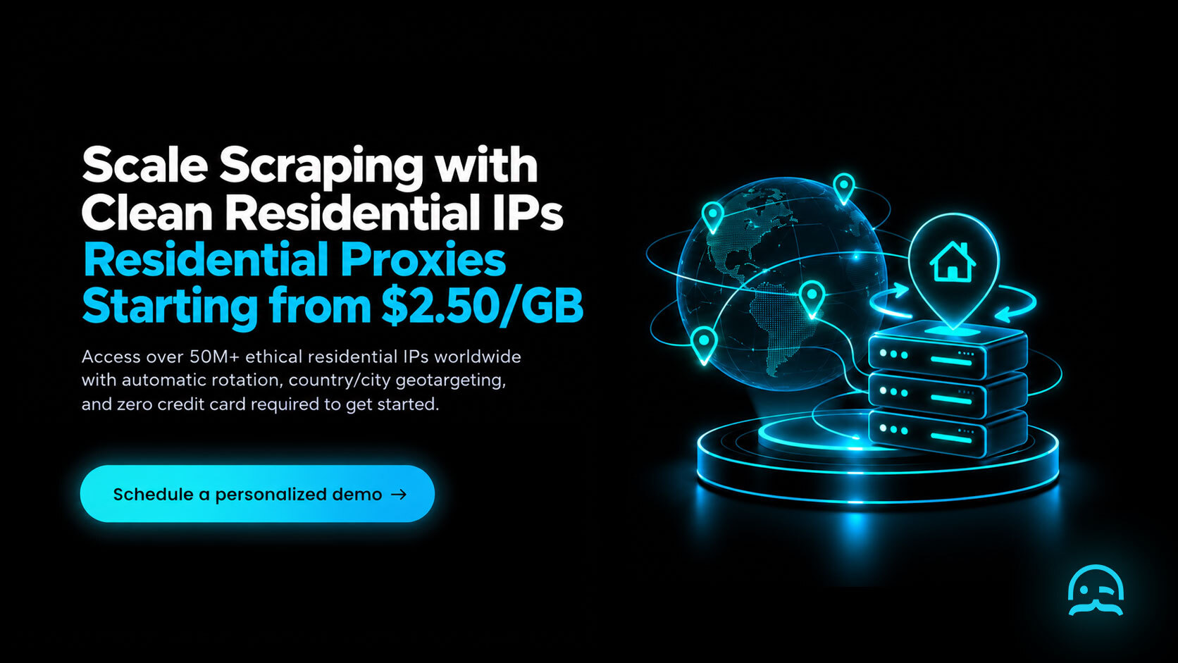 MrScraper residential proxy pricing and network telemetry showing $2.50/GB bandwidth, 50M+ residential IP pool, and flexible sticky session controls.