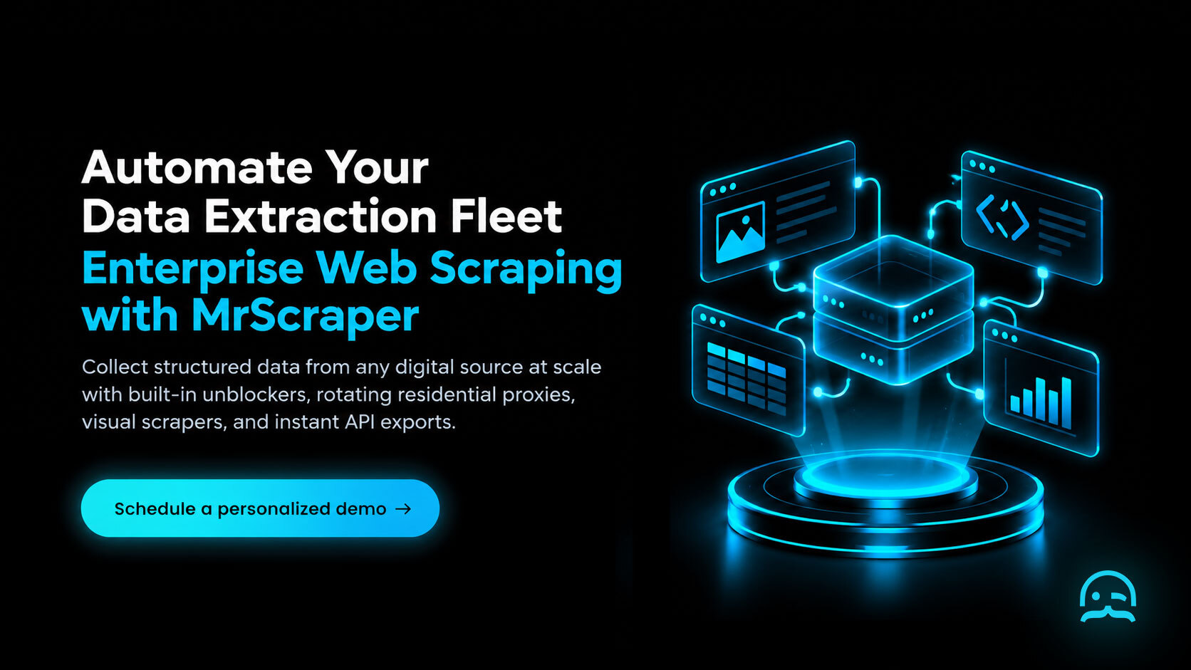 A dark-mode Call-to-Action banner showing end-to-end data scraping pipeline telemetry on a glowing pedestal with a schedule a personalized demo button.