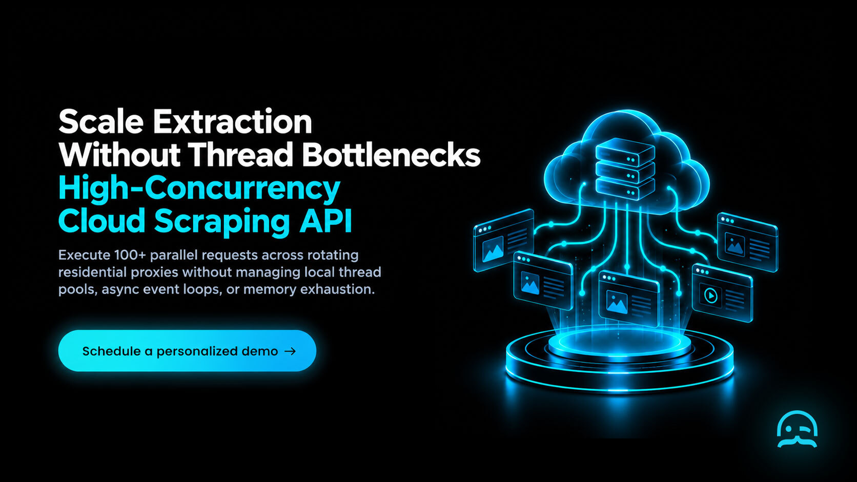 A dark-mode Call-to-Action banner showing high-concurrency scraping telemetry and multi-worker execution on a glowing pedestal with a schedule a personalized demo button.