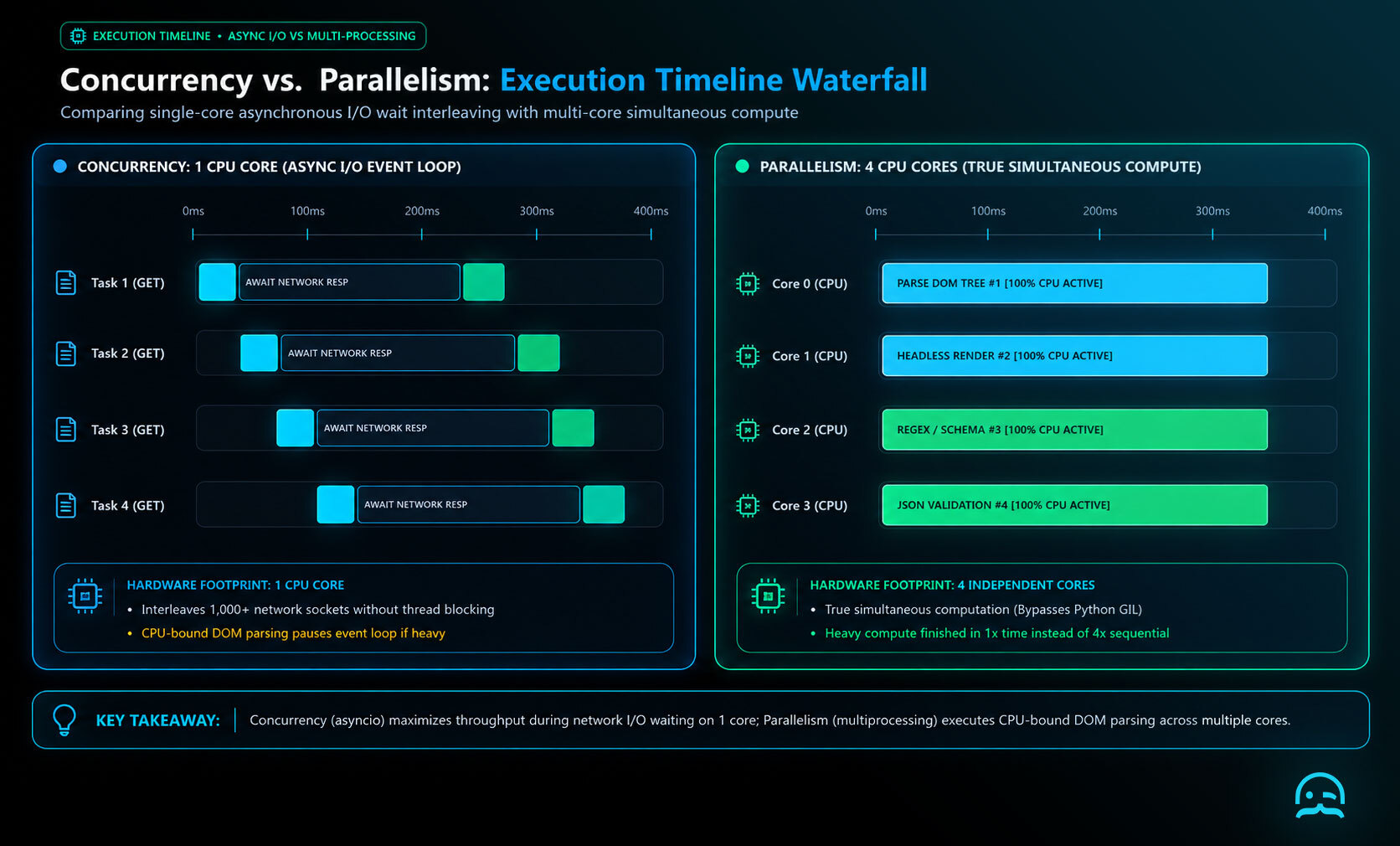 Technical comparison diagram illustrating concurrency with single-core asynchronous event loops versus parallelism with multi-core simultaneous execution for web scraping.