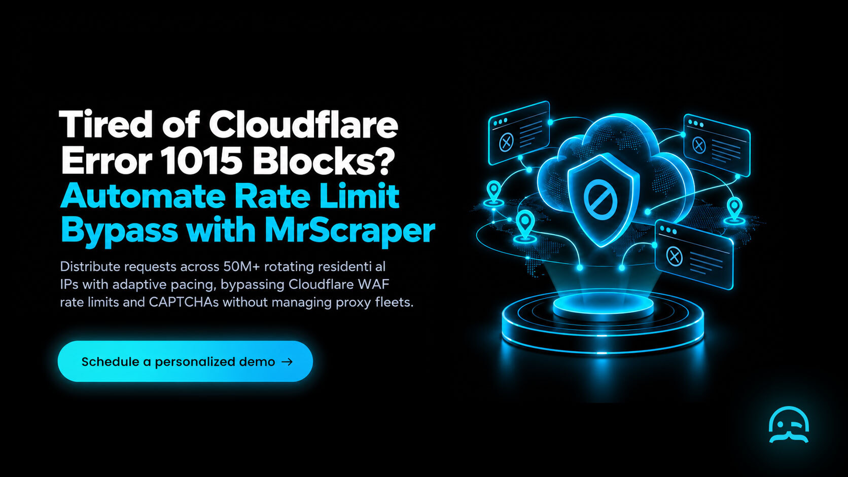 A dark-mode Call-to-Action banner showing Cloudflare rate limiting mitigation telemetry on a glowing pedestal with a schedule a personalized demo button.