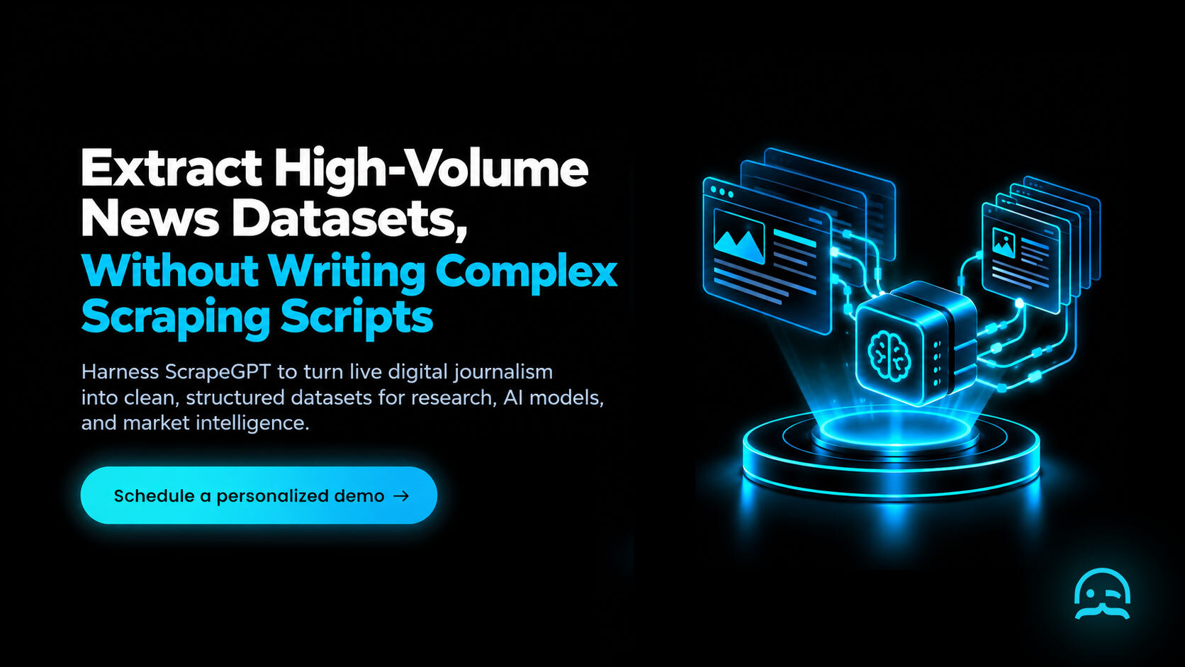 Tailored MrScraper news article extraction CTA banner showing target portal rendering, ScrapeGPT article metadata parsing, and instant S3/JSON export on a glowing pedestal.