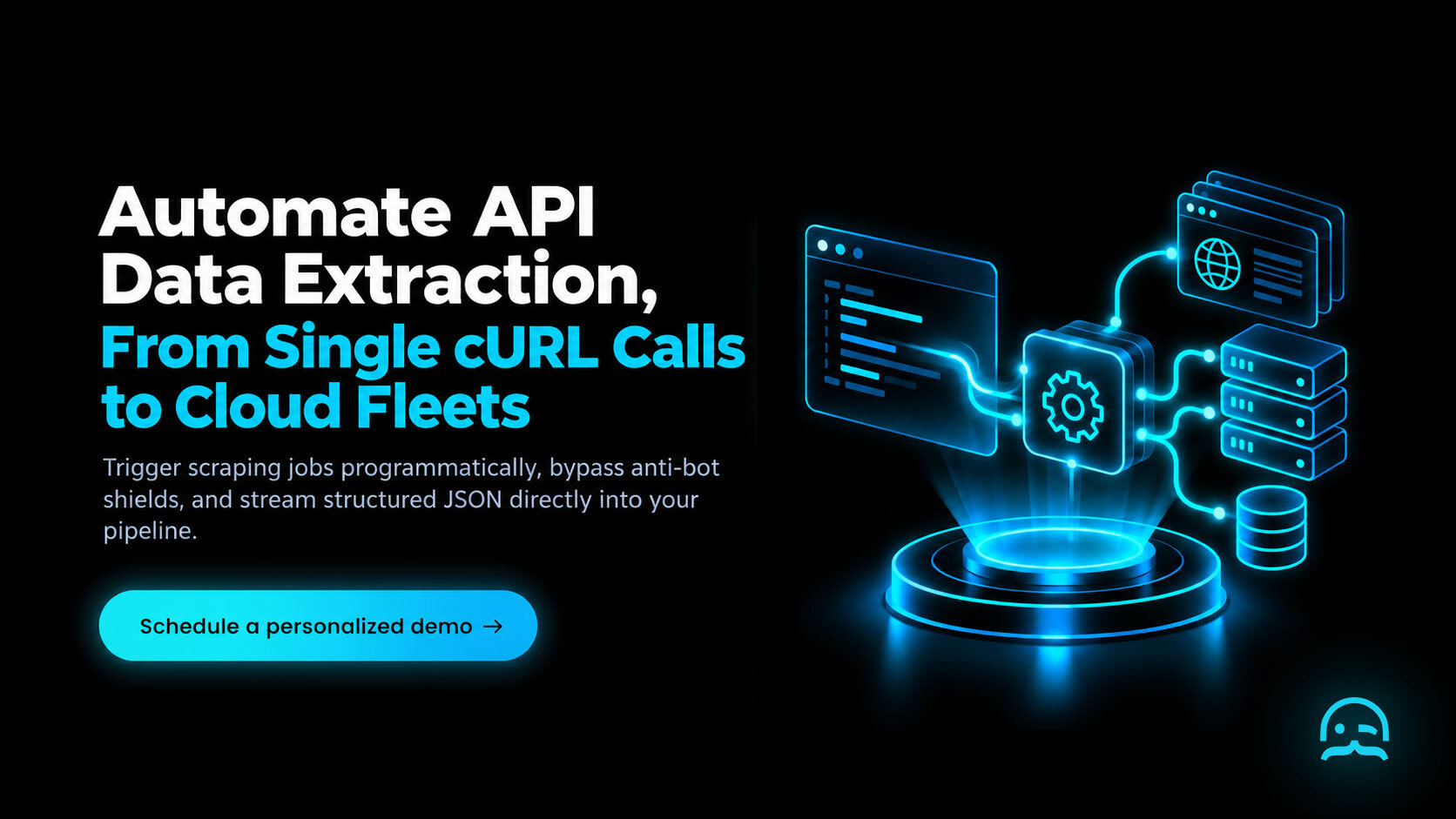 Tailored MrScraper API extraction CTA banner showing authenticated cURL request telemetry, rotating residential proxies, and sub-second JSON response on a glowing pedestal.