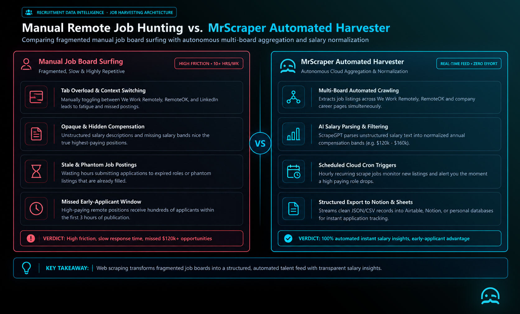 Architectural comparison graphic showing fragmented manual remote job board hunting on the left versus MrScraper automated multi-board aggregation, salary parsing, and instant alerts on the right.