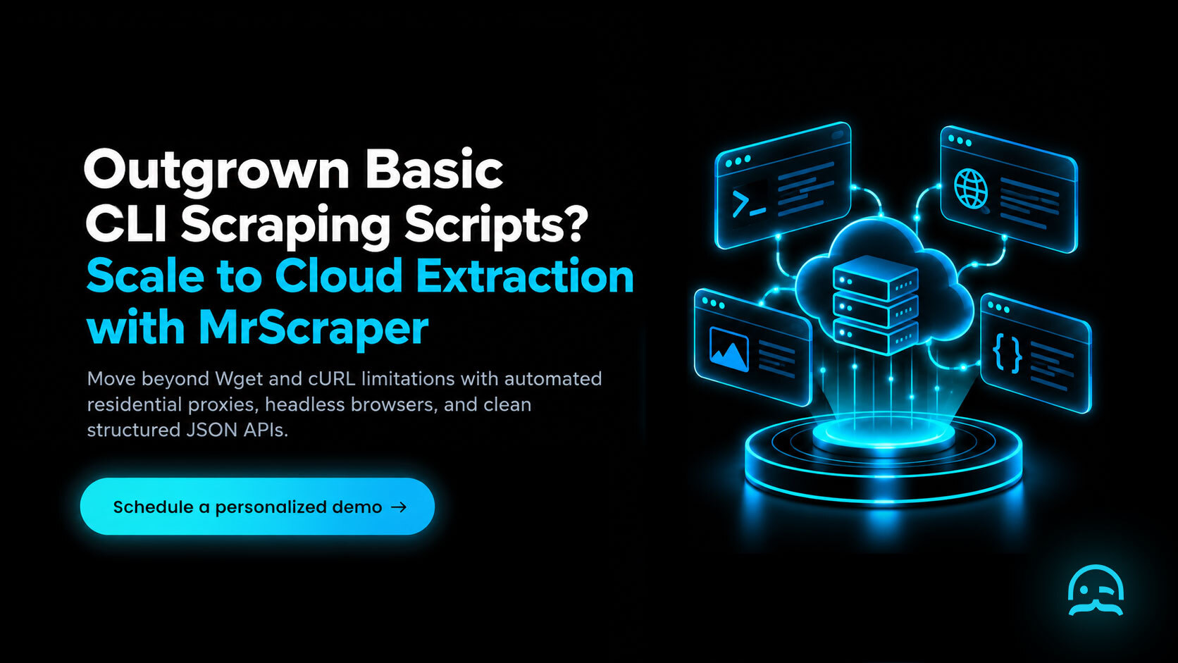 Tailored MrScraper cloud scraper CTA banner showing cloud headless browser engine, rotating residential mesh, and automated CAPTCHA solver on a glowing pedestal.