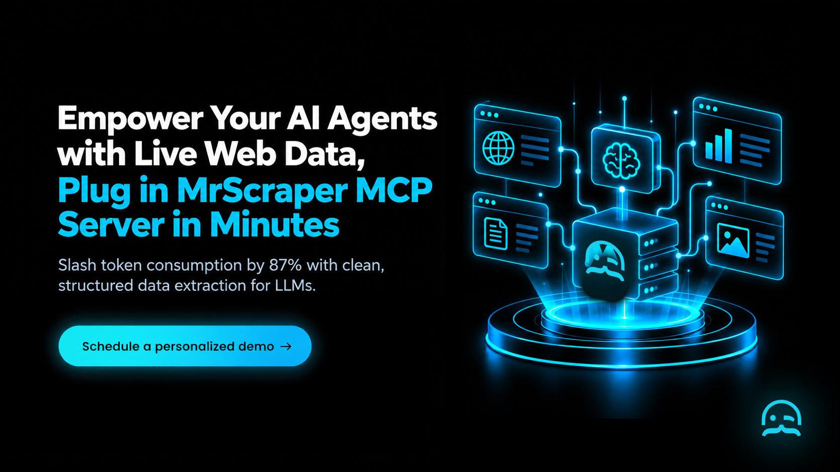A glowing Model Context Protocol socket bridging an AI agent to clean structured web data over a circular pedestal.