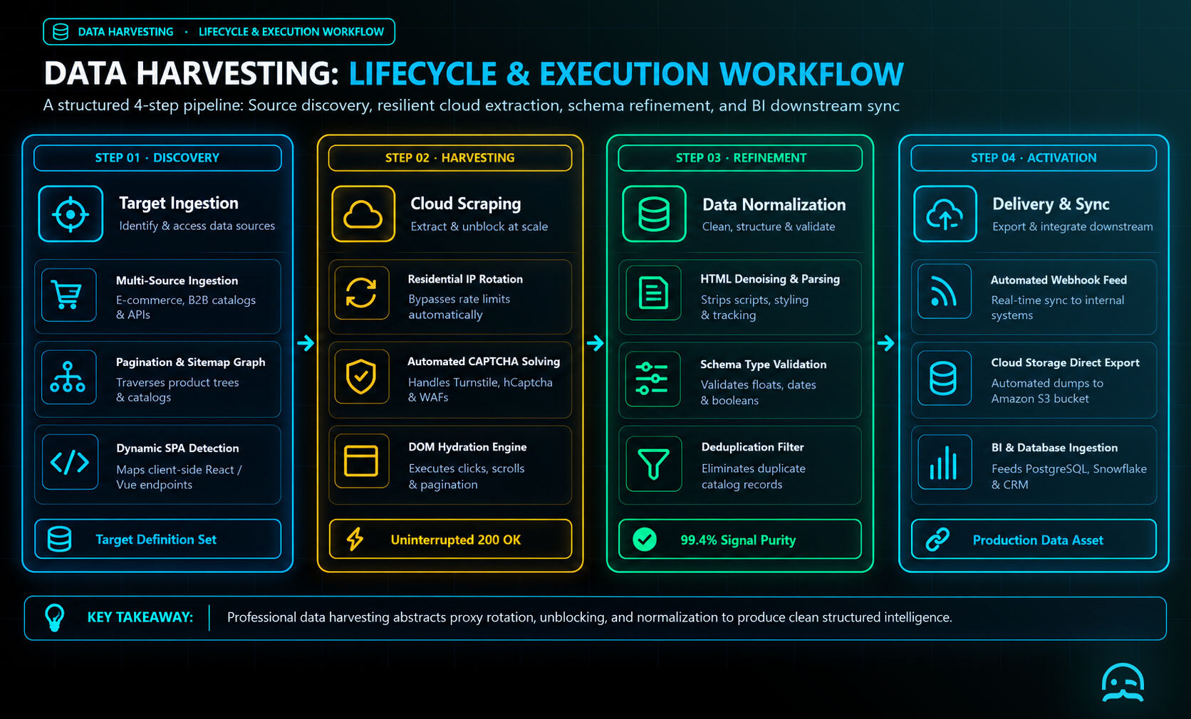 End-to-end data harvesting lifecycle diagram showing multi-source ingestion, cloud extraction with unblocking, data denoising, and pipeline delivery.