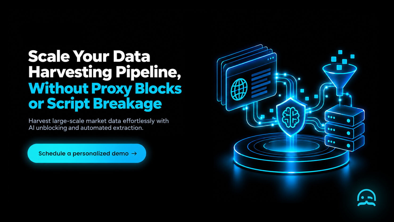 A floating data ingestion card converting multi-source web catalogs into structured records over a pedestal.