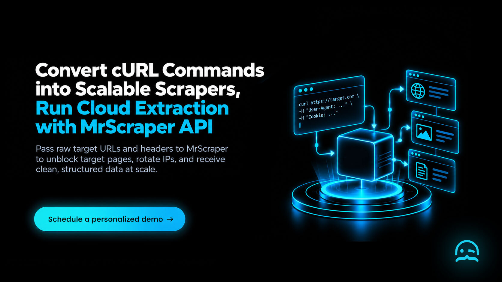 A dark-mode Call-to-Action banner showing cURL command conversion to MrScraper cloud scraper API on a glowing pedestal with desktop browser profile emulation and rotating residential proxies beside a demo booking button.