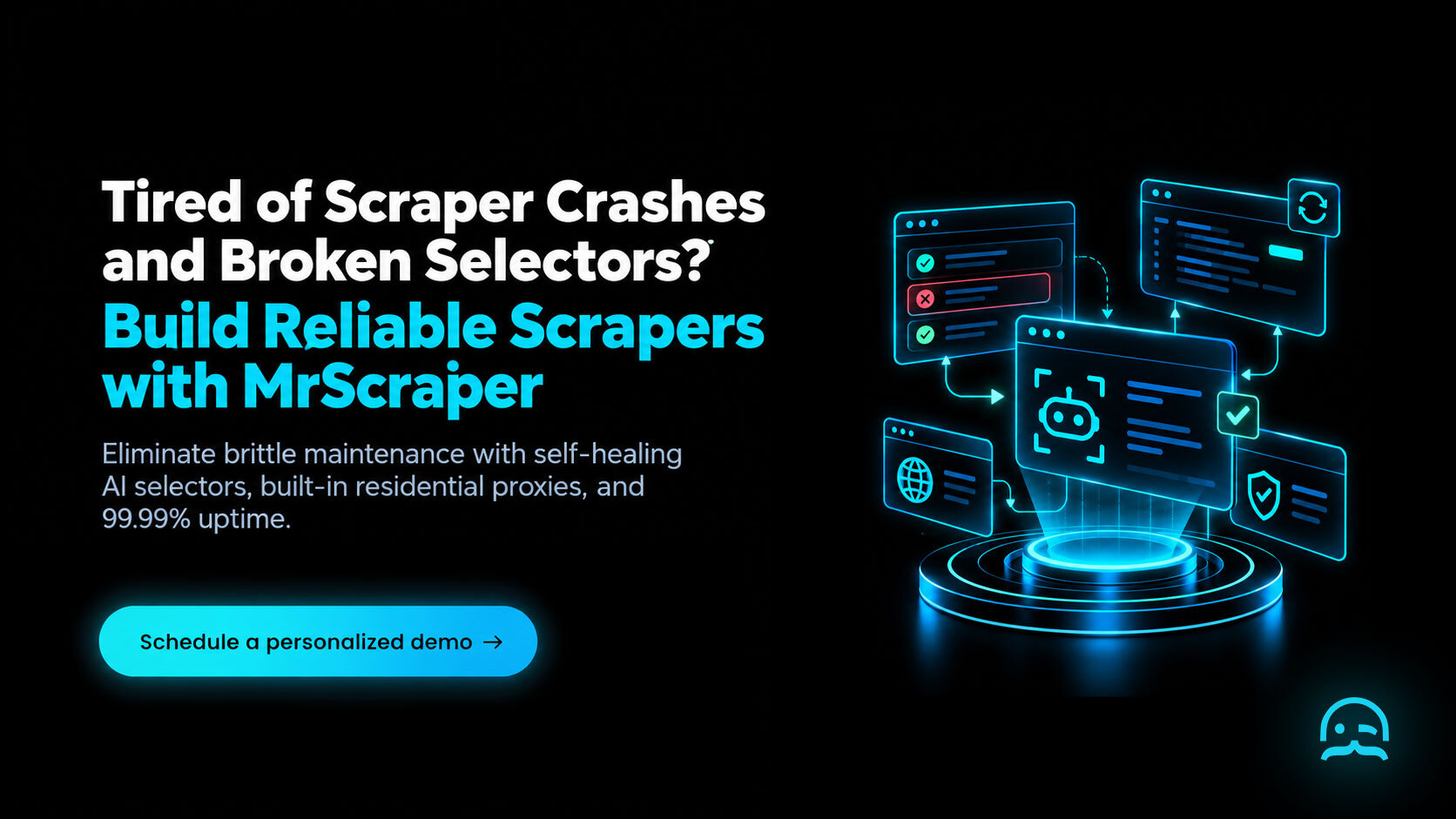 A dark-mode Call-to-Action banner displaying a resilient Node.js scraping defense engine on a glowing pedestal with self-healing AI selectors, exponential backoff, and 99.9% uptime beside a schedule a personalized demo button.