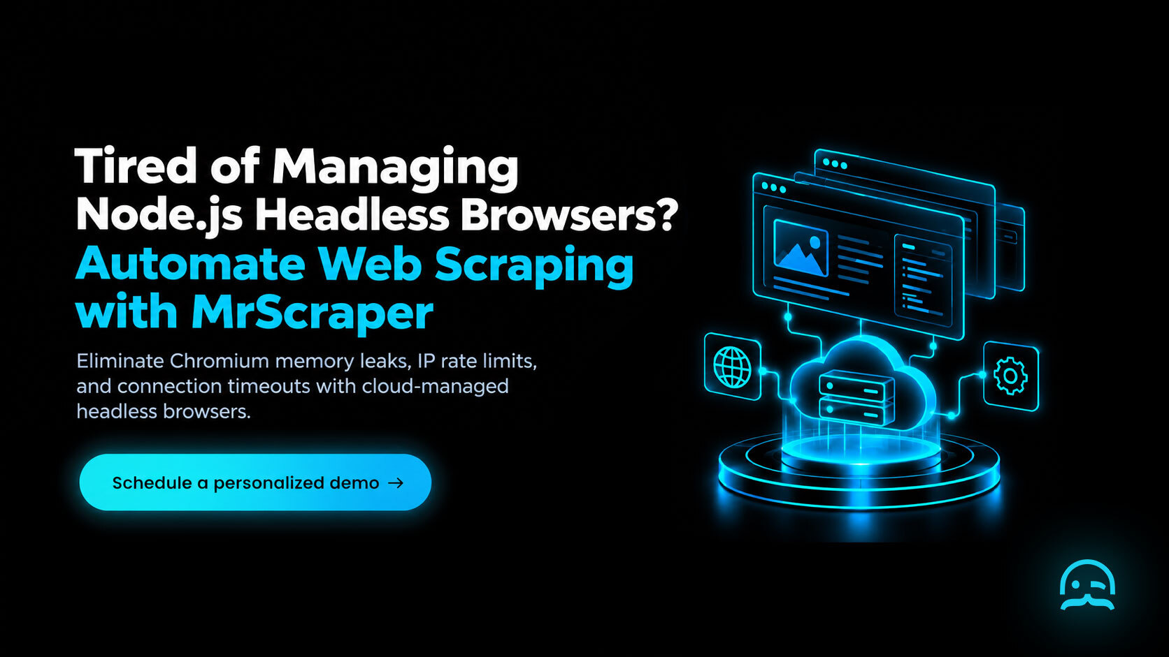A dark-mode Call-to-Action banner showing Node.js scraper fleet orchestration on a glowing pedestal with rotating residential proxies and structured JSON streaming beside a schedule a personalized demo button.