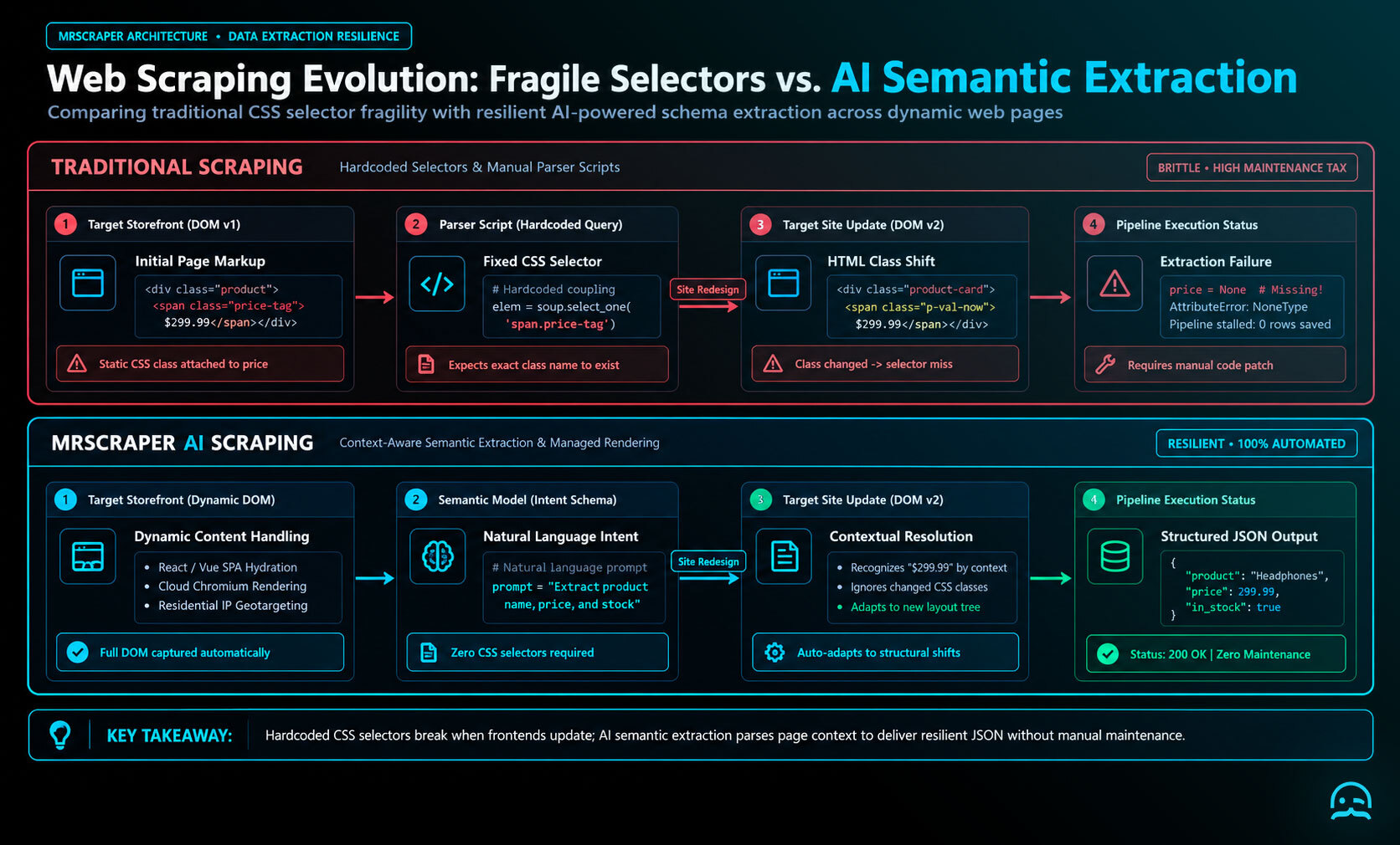 Two parallel data pipelines contrasting fragile manual selector breakage on the top with resilient MrScraper AI semantic extraction delivering structured JSON on the bottom.