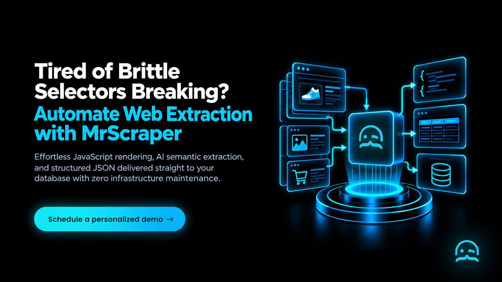 Tailored MrScraper platform telemetry banner highlighting resilient AI schema resolution, dynamic DOM hydration, and structured data delivery on a glowing pedestal.